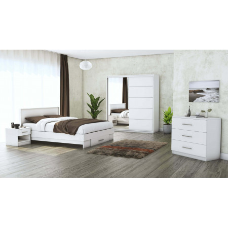 Set Dormitor Beta, alb, dulap 183 cm, pat 140×200 cm, 2 noptiere, comoda
