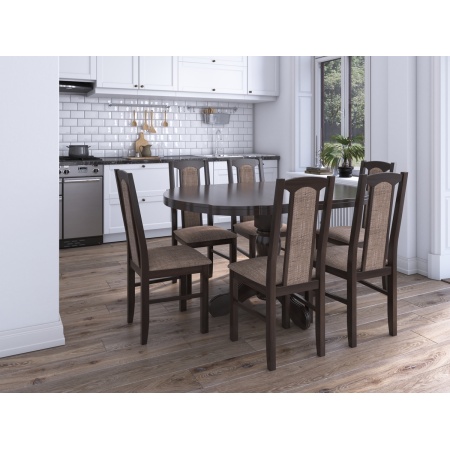 Set masa extensibila Kan 100x135 cm, lemn masiv, culoare wenge, blat din mdf cu 6 scaune tapitate S-37 Boss7 w2, stofa
