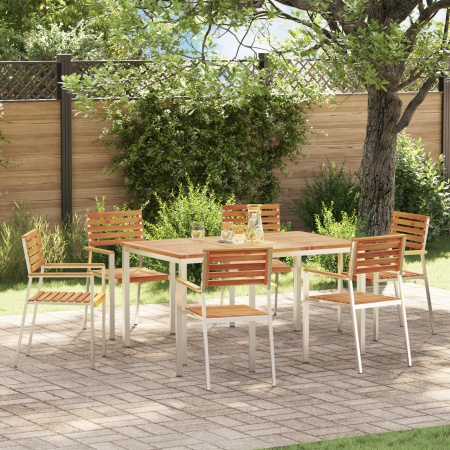 Set mese grădină 7 piese lemn masiv de acacia, Masă dining 150x90x75 cm lemn masiv de acacia, Scaune terasă stackable 2 buc lemn masiv de acacia și oțel, Scaune terasă stackable 4 buc lemn masiv de acacia și oțel - Img 1