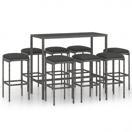 Set mobilier bar de grădină cu perne, 9 piese, gri, poliratan