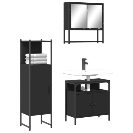 Set mobilier de baie, 3 piese, negru, lemn compozit