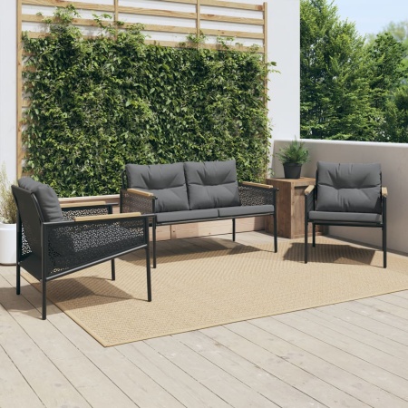Set mobilier de balcon, 3 piese, cu perne, negru, oțel