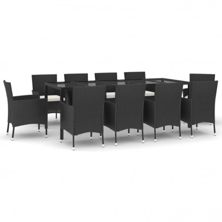 Set mobilier de exterior cu perne, 11 piese, negru, poliratan