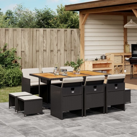 Set mobilier de exterior cu perne, 11 piese, negru, poliratan