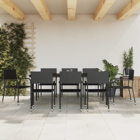 Set mobilier de grădină, 9 piese, negru, poliratan și oțel