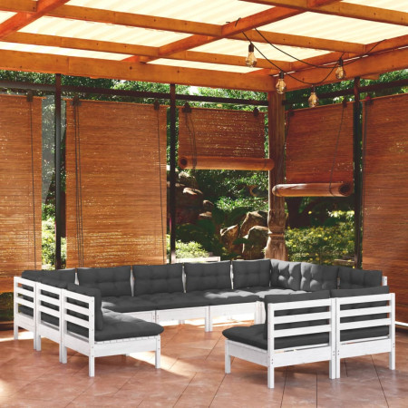 Set mobilier de grădină cu perne, 11 piese, alb lemn masiv pin