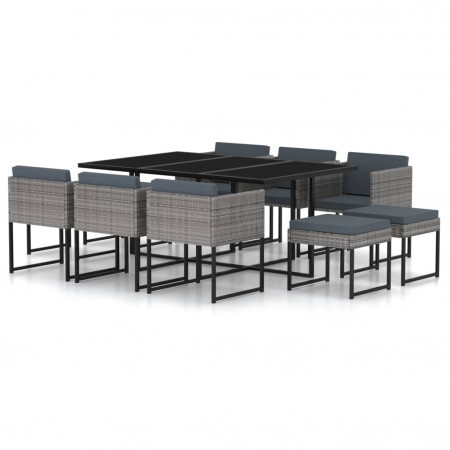 Set mobilier de grădină cu perne, 11 piese, gri, poliratan