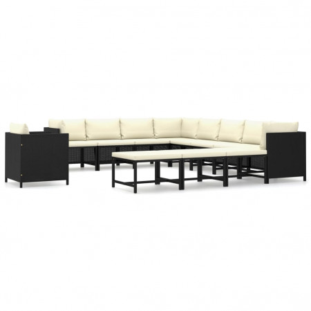Set mobilier de grădină cu perne, 12 piese, negru, poliratan