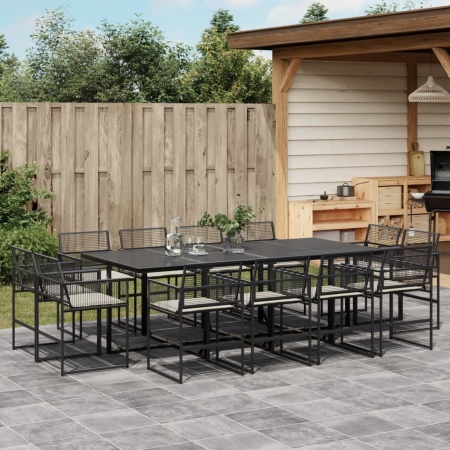 Set mobilier de grădină cu perne, 13 piese, negru, poliratan