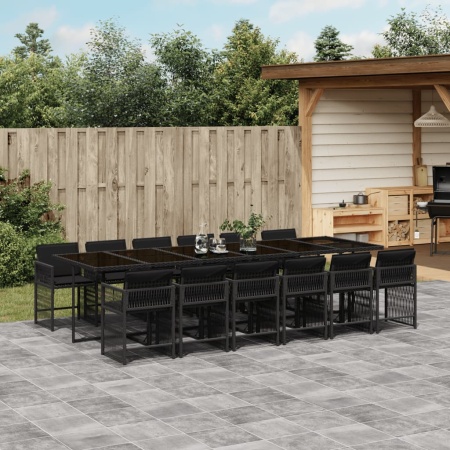 Set mobilier de grădină cu perne, 13 piese, negru, poliratan