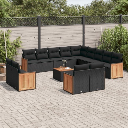Set mobilier de grădină cu perne, 14 piese, negru, poliratan