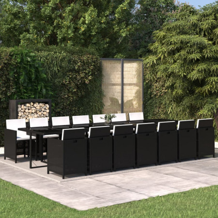 Set mobilier de grădină cu perne, 15 piese, negru, poliratan
