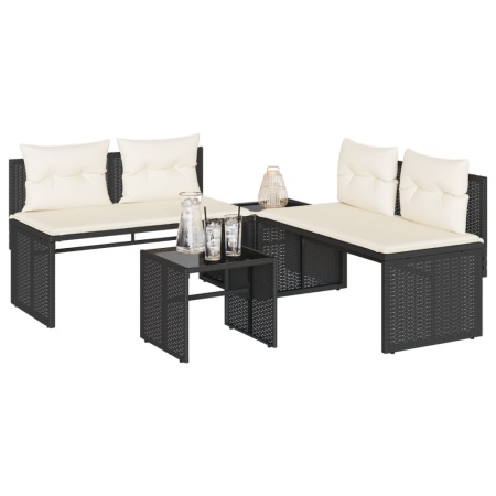 Set mobilier de grădină cu perne, 4 piese, negru, poliratan