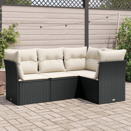 Set mobilier de grădină cu perne, 4 piese, negru, poliratan