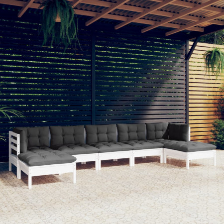 Set mobilier de grădină cu perne, 7 piese, alb, lemn de pin