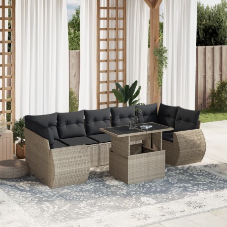 Set mobilier de grădină cu perne, 8 piese gri deschis poliratan