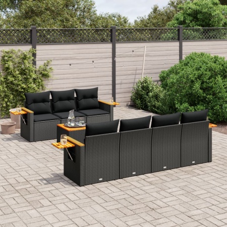Set mobilier de grădină cu perne, 8 piese, negru, poliratan