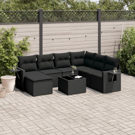 Set mobilier de grădină cu perne, 8 piese, negru, poliratan