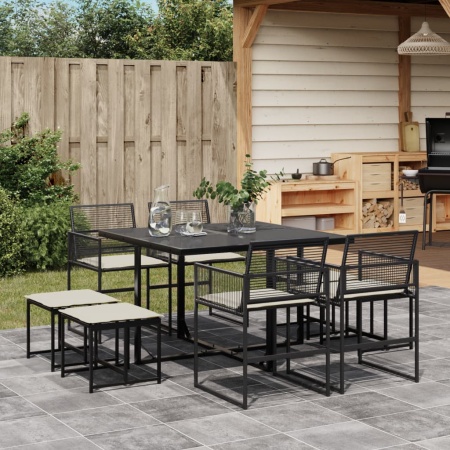 Set mobilier de grădină cu perne, 9 piese, negru, poliratan