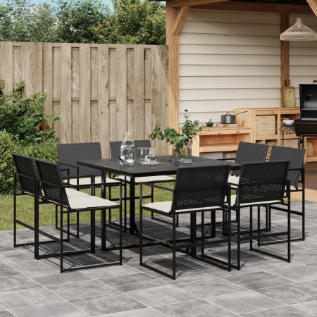 Set mobilier de grădină cu perne, 9 piese, negru, poliratan