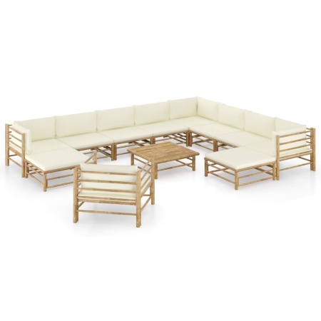 Set mobilier de grădină cu perne alb crem, 12 piese, bambus