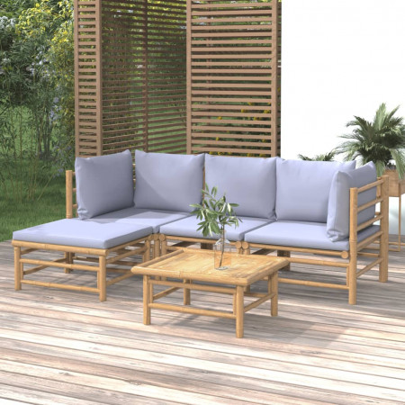 Set mobilier de grădină cu perne gri deschis, 5 piese, bambus - Img 1