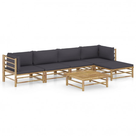 Set mobilier de grădină cu perne gri închis, 6 piese, bambus