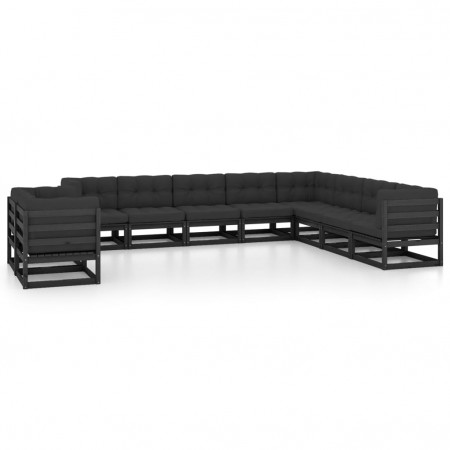Set mobilier grădină cu perne, 10 piese, negru, lemn masiv pin