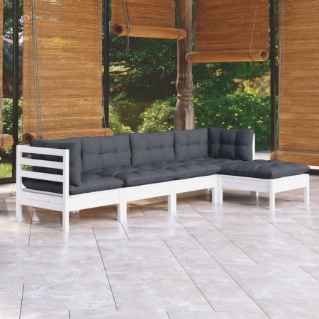 Set mobilier grădină cu perne, 5 piese, alb, lemn de pin