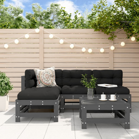Set mobilier grădină cu perne, 5 piese, gri, lemn masiv