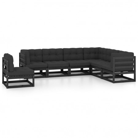 Set mobilier grădină cu perne, 7 piese, negru, lemn masiv pin