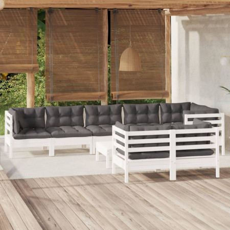 Set mobilier grădină cu perne, 9 piese, alb, lemn masiv pin