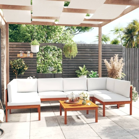 Set mobilier grădină cu perne, crem, 7 piese, lemn masiv acacia