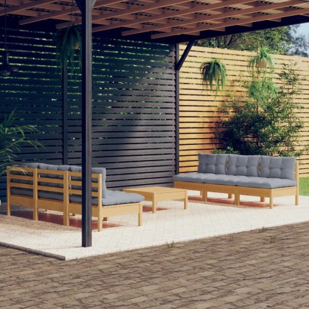 Set mobilier grădină cu perne gri, 7 piese, lemn masiv de pin - Img 1