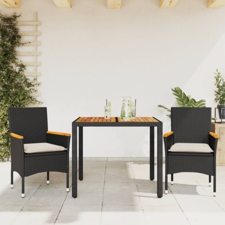 Set mobilier grădină perne 3 piese negru poliratan/lemn acacia