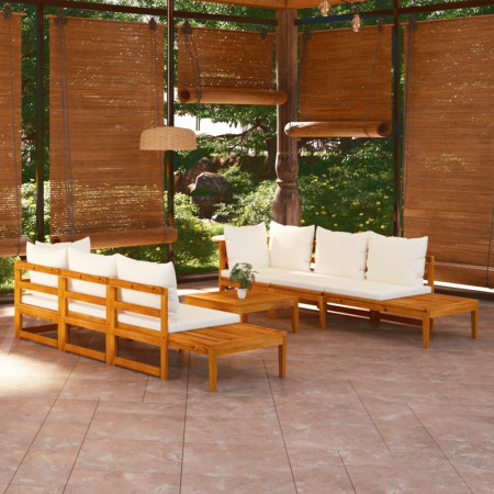 Set mobilier grădină perne alb/crem, 5 piese, lemn masiv acacia