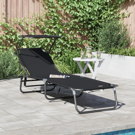 Șezlong pliabil cu copertină Negru 600D material Oxford