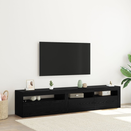 Suporturi TV 2 buc cu lumini LED Stejar Negru Lemn Ingineresc, Suport TV cu lumini LED - Stejar Negru - 75x35x40 cm - Fabricat din Lemn Ingineresc