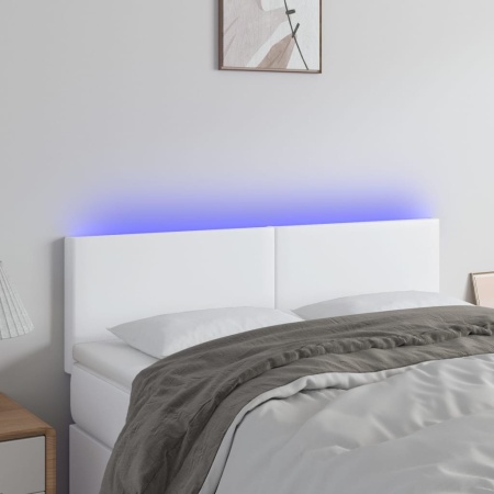 Tăblie de pat cu LED, alb, 144x5x78/88 cm, piele ecologică