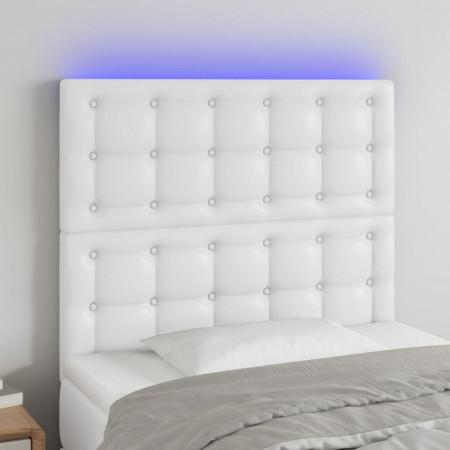 Tăblie de pat cu LED, alb, 90x5x118/128 cm, piele ecologică