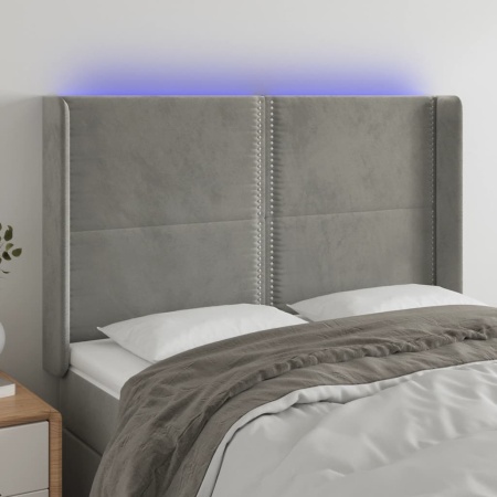 Tăblie de pat cu LED, gri deschis, 147x16x118/128 cm, catifea