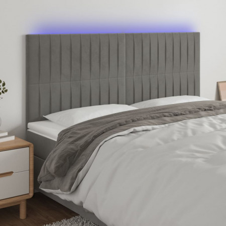 Tăblie de pat cu LED, gri deschis, 200x5x118/128 cm, catifea