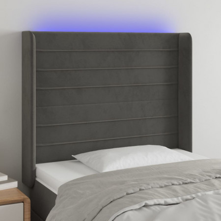 Tăblie de pat cu LED, gri închis, 103x16x118/128 cm, catifea