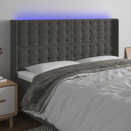 Tăblie de pat cu LED, gri închis, 183x16x118/128 cm, catifea