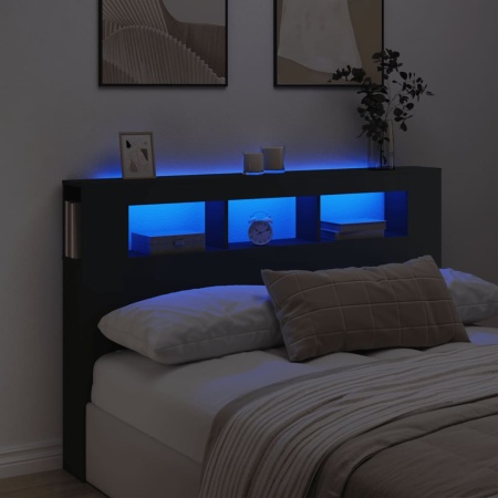 Tăblie de pat cu LED, negru, 160x18,5x103,5 cm, lemn