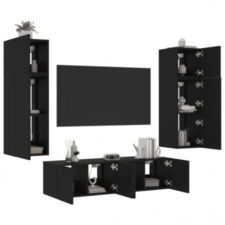Unități de perete TV cu LED-uri, 6 piese, negru, lemn prelucrat