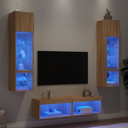 Unități de perete TV cu LED-uri, 6 piese, stejar sonoma, lemn