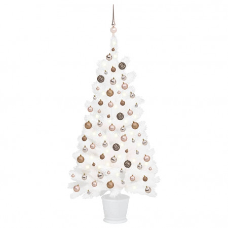 Brad Crăciun pre-iluminat artificial, set globuri, alb, 90 cm