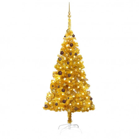Brad de Crăciun artificial cu LED&globuri auriu 180 cm PET