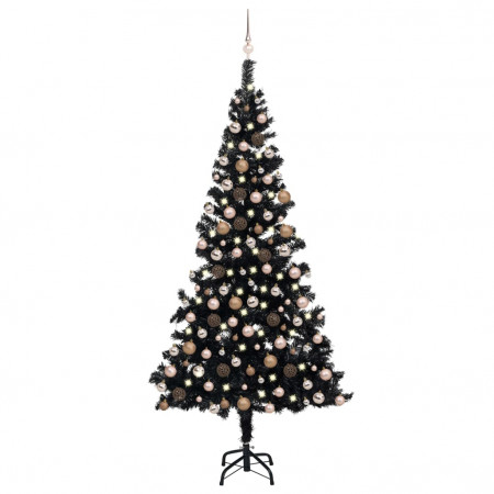 Brad de Crăciun artificial cu LED-uri&amp;globuri negru 210 cm PVC - Img 1